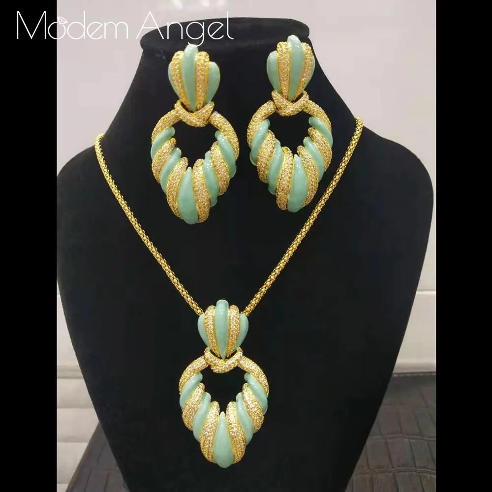 

ModemAngel New Luxury Exclusive Circle NECKLACE EARRING Sets For Women Accessories Full Cubic Zirconia Earrings Jewelry