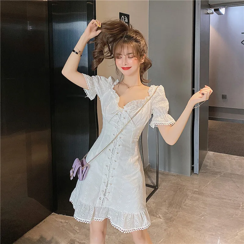 

Women 2021 New Chic Purple Short Dress Retro Square Collar Puff Sleeve Drawstring Dress Fashion Korean Streetwear Dress