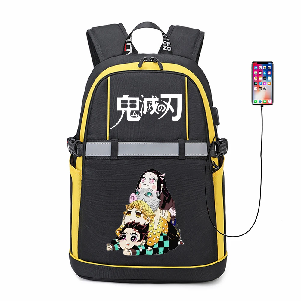 

Anime Demon Slayer Zipper USB Backpack Teenger Oxford Reflective Stripe Student Cartoon Knapsack Schoolbag Bag Bookbag
