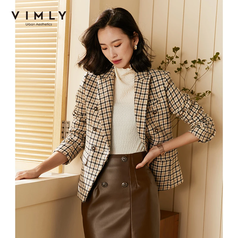 Женское шерстяное пальто Vimly в стиле ретро двубортные клетчатые блейзеры с