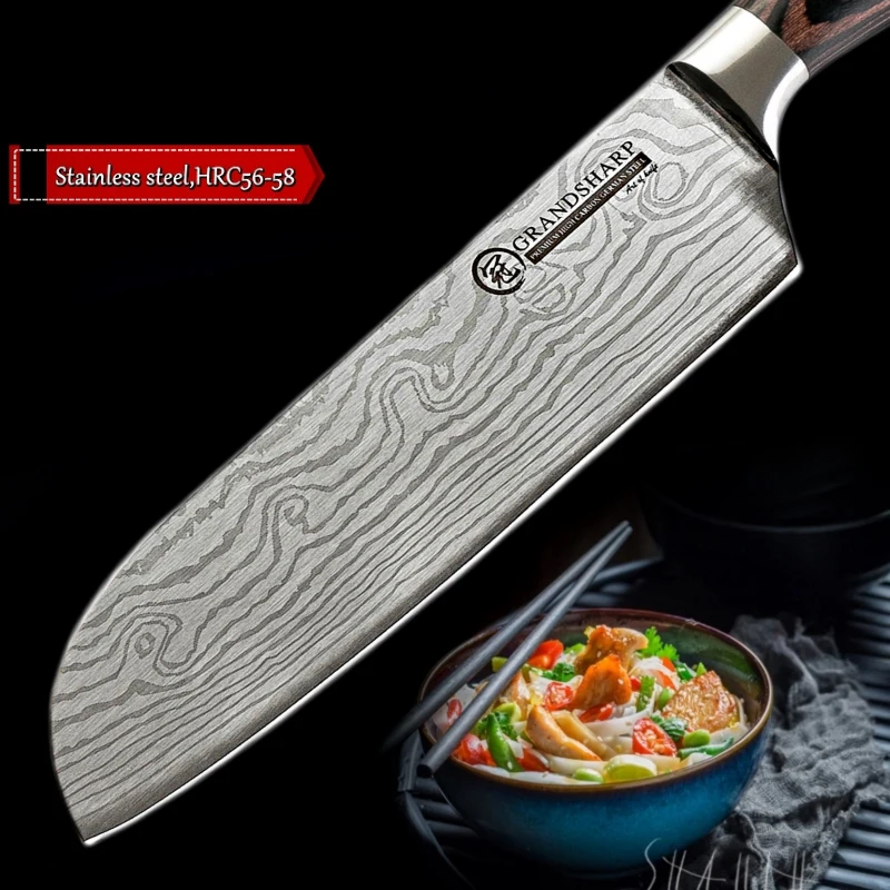 Кухня Ножи 7 дюймов Santoku Ножи японский Нержавеющая сталь шлифовальный станок лазерный нож с узором острое лезвие Ножи подарок Ножи