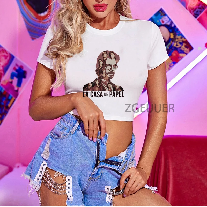 

Женская футболка с надписью «Money heist», Забавный кроп-топ в стиле Харадзюку С Логотипом женская летняя футболка, Лидер продаж