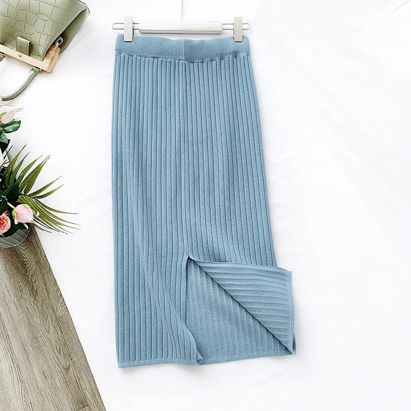 2019 Вязанная женская осенняя облегающая юбка миди с высокой талией хорошее