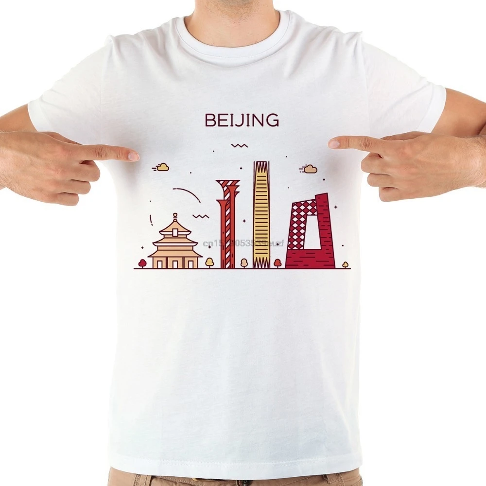 Забавная Мужская футболка China city landmark новая Белая Летняя beijing shenzhen tianjin guangzhou
