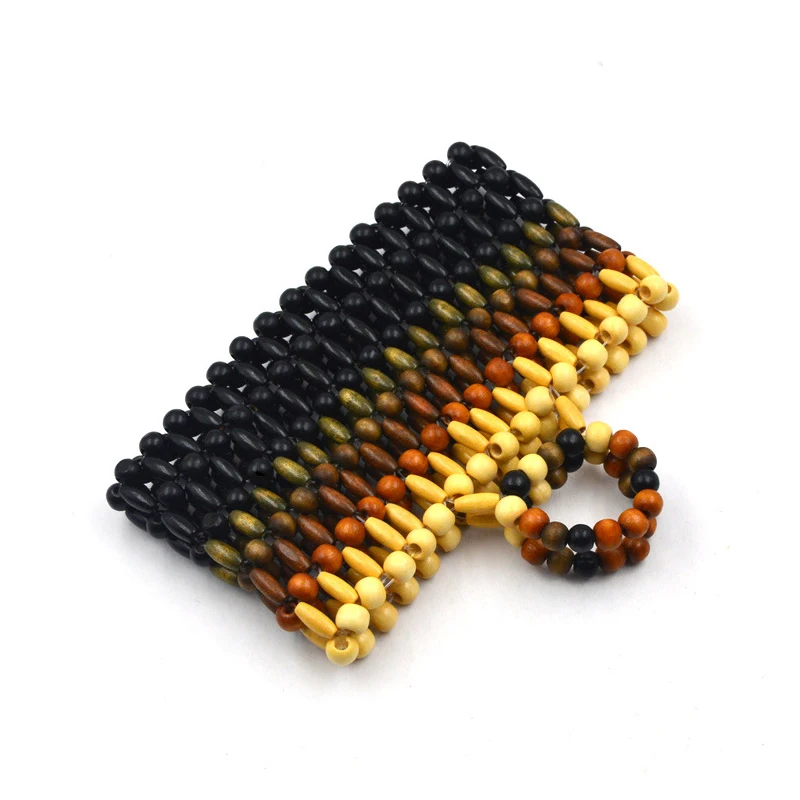 

Hand Woven Wooden Beads Beach Bag Women Retro Wooden Beading Ring Handle Hollow Out Tote Bag Panelled Ladies For Holiday Travel