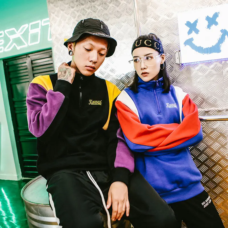 Толстовка в стиле Харадзюку с цветными блоками Мужская Уличная хип хоп винтажная