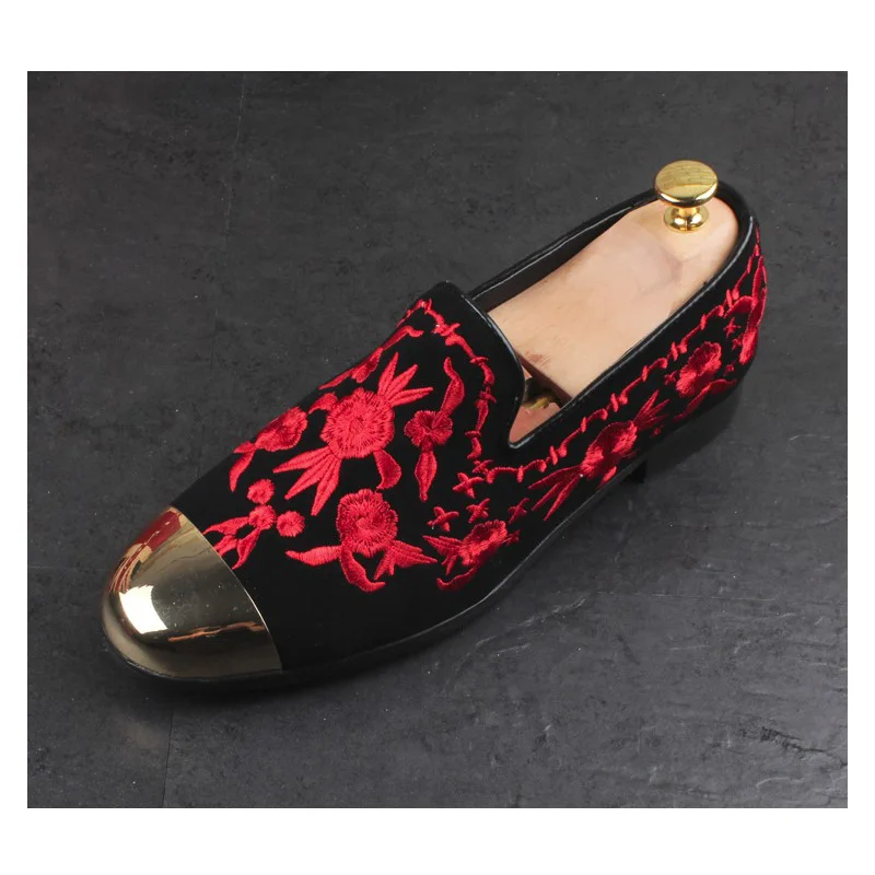 

OVXUAN Gold Silk Embroidered Casual Shoes for Men Designer Metal Toe Low Top Oxford Leather Boots Prom Wedding Dress Botas 2021