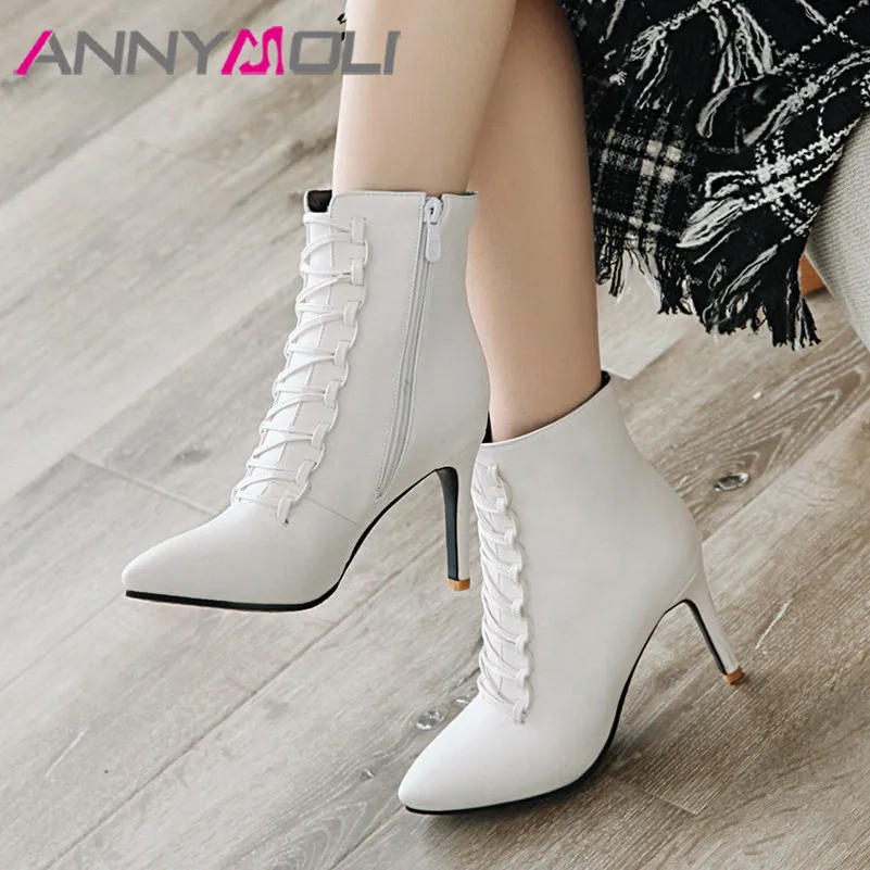 

Женские ботильоны на молнии ANNYMOLI, осенне-зимние полусапожки из искусственной кожи на тонком каблуке, Размеры 33-46