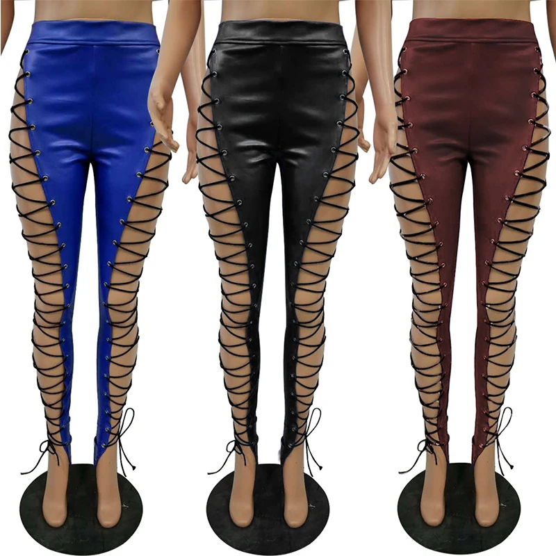 Женские сексуальные длинные брюки Adogirl из искусственной кожи с завязками высокой
