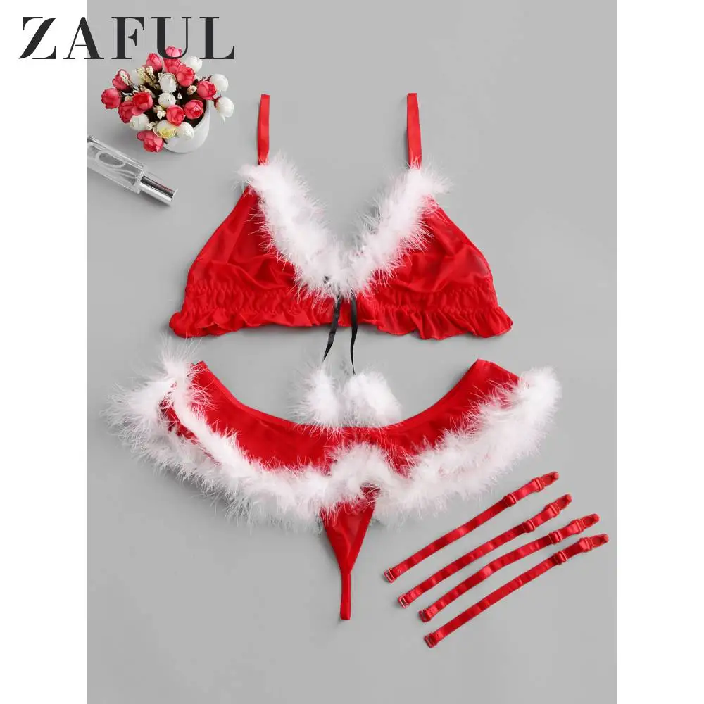ZAFUL, Рождественский комплект с бюстгальтером, украшенным красными перьями, для женщин, три четверти, регулируемые лямки, два крючка и глаза, комплект нижнего белья для косплея