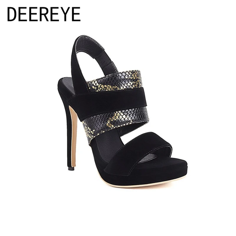 

Size 30-50 Suede Animal Snake Print Leather 12CM Shoes On Platform High Heel Ankle Elastic Wrap Fashion Round Toe Soft Sandals