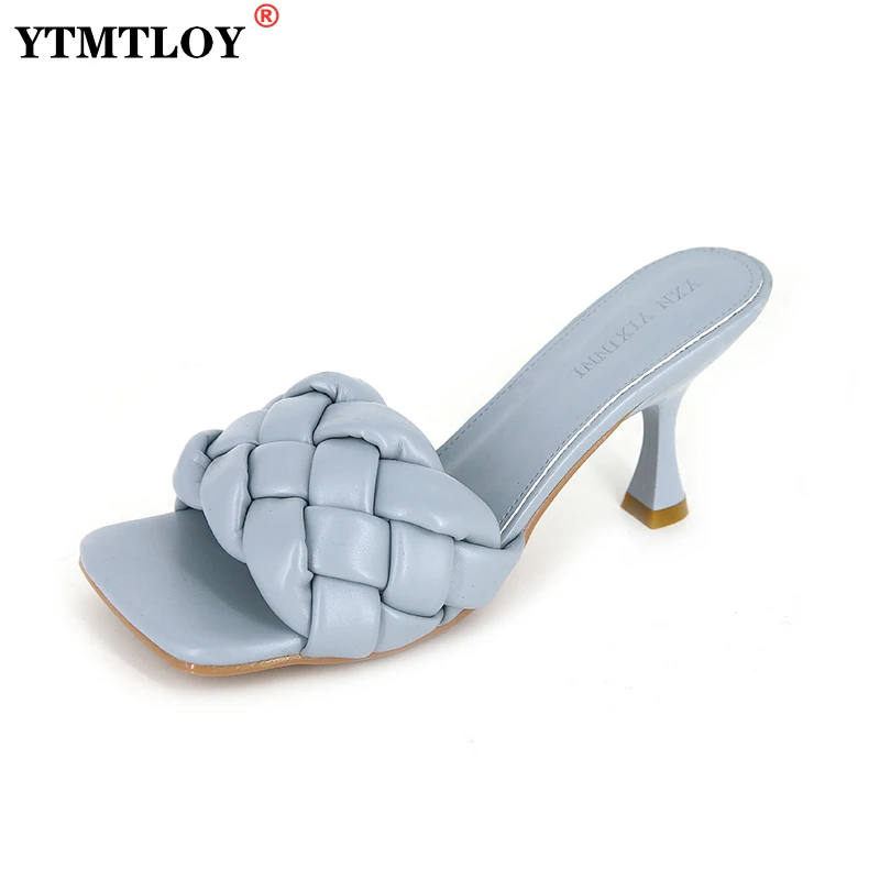 

Luxury Slides Women 8cm High Heels Mules Fetish Pumps Individual Weave Leisure Blue Office Ladies Prom Slippers Women's Shoes