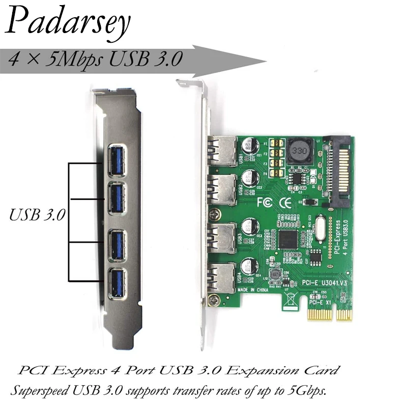 Карта расширения PCI-E до USB 3.0 4 порта PCI Express (PCIe Card) Superspeed с питанием 15-Pin.