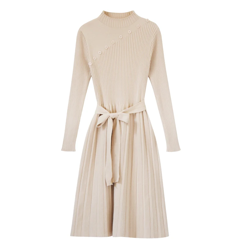 

New Elegant Women Autumn Winter mid-length all-match bottoming tunic waist dress over the knee knitted sweater dress