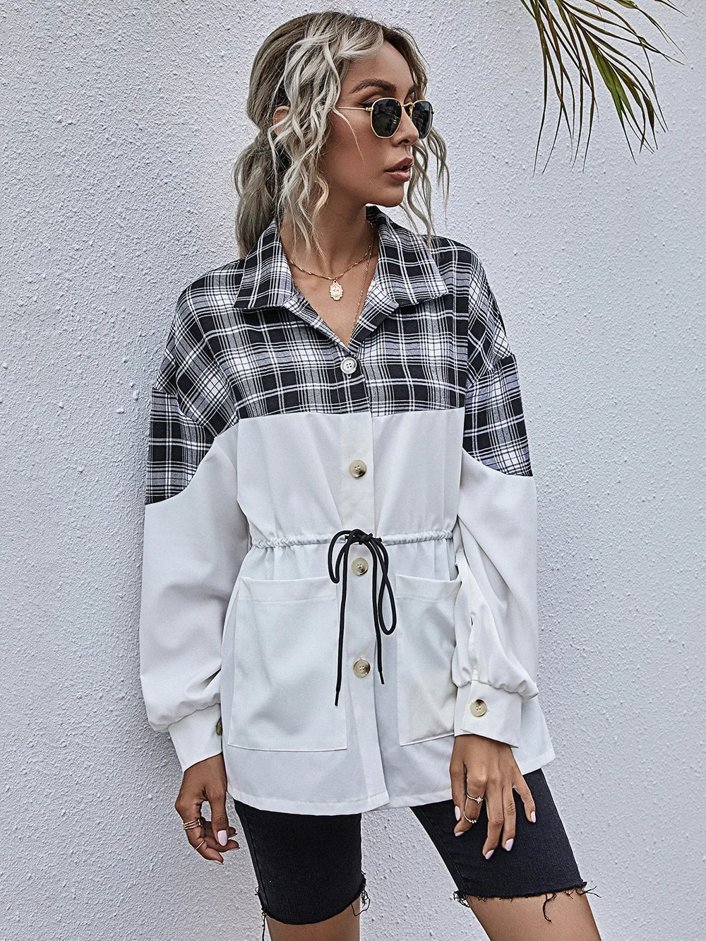 

trf Za woman 2021 Casual lapel check shirt women spring autumn long-sleeved elastic waist top Plaid shirt tunics traf zaraing