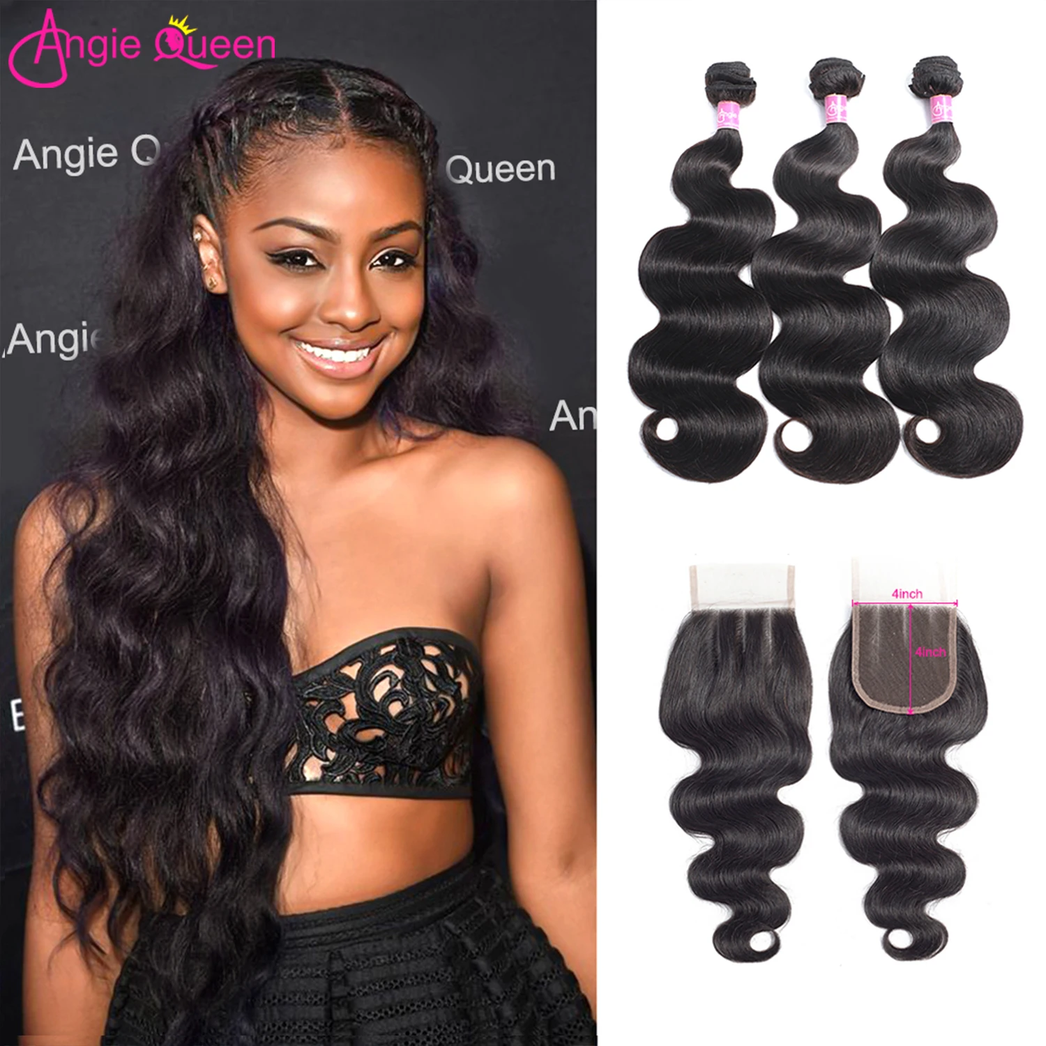 

ANGIE QUEEN Body Wave Hair Bundles With Closure (3+1) Malaysian 100% Human Hair Weaves Remy Hair 3 Bundles With Lace Closure 4x4