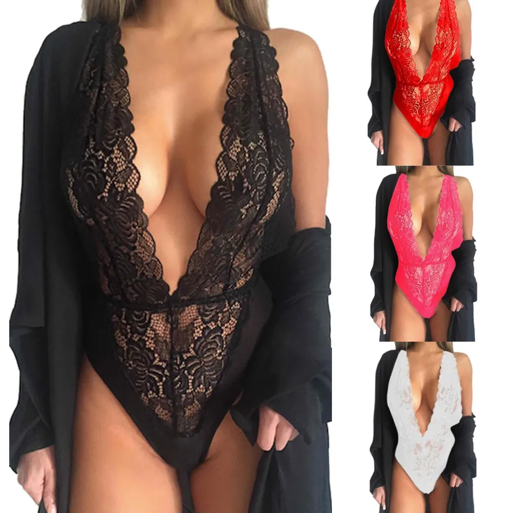 

Fashion Sexy Lace Sleepwear Temptation Babydoll Jumpsuit Women Sexy Lace NightDress Deep V Night&50