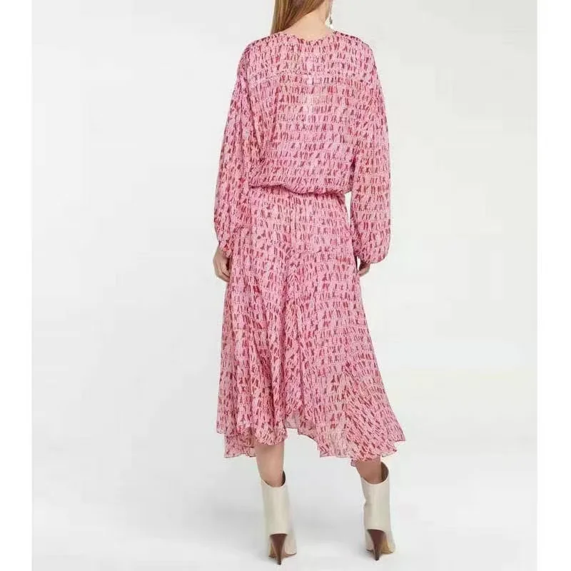 

Violet Print Long Skirt Loose Chiffon High Waist Hedging Mid-length Skirt Temperament Printed Round Neck Women's Clothi