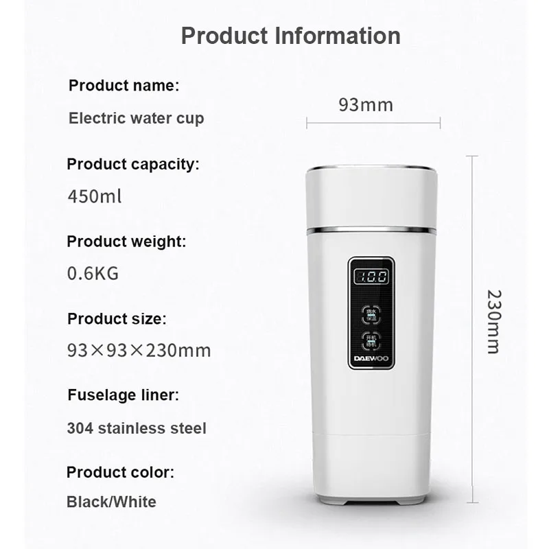 

450ML Electric Kettle Portable Travel Smart Cup Mini Health Stainless Steel Coffee Pot With LED Temperature Display