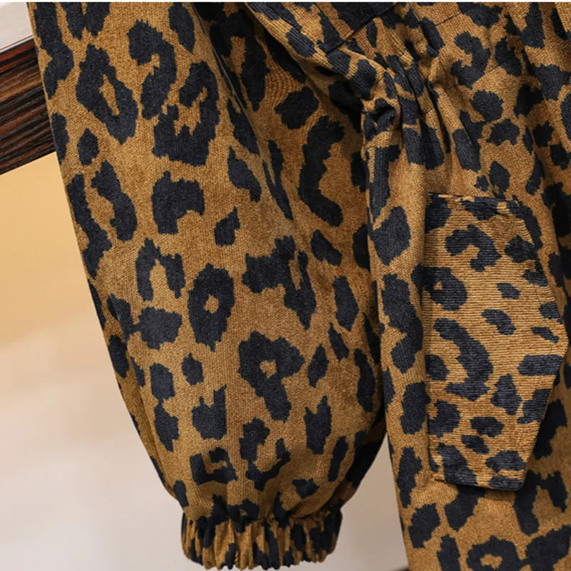 

Raincoat Elastic High Waist Corduroy Windbreaker Zipper Cloak Wome Spring Autumn Leopard Long Trench Coat