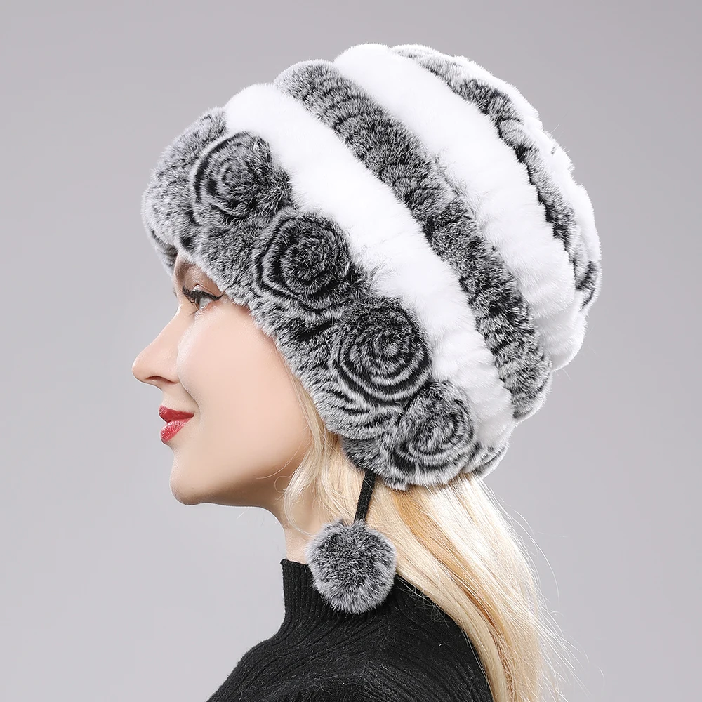 Зимние шапки для девочек и женщин, настоящая шапка из кролика рекс, цветочная вязаная шапка с помпонами, черепами и бини 55-59см.