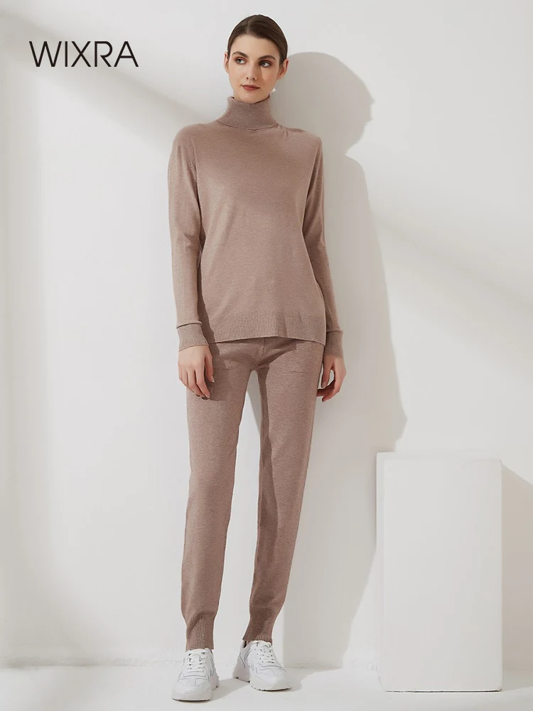 

Wixra Women Jumper Tracksuit Turtleneck Basic Sweater + Knitted Pencil Trousers Autumn Winter Female Solid 2 Piece Set