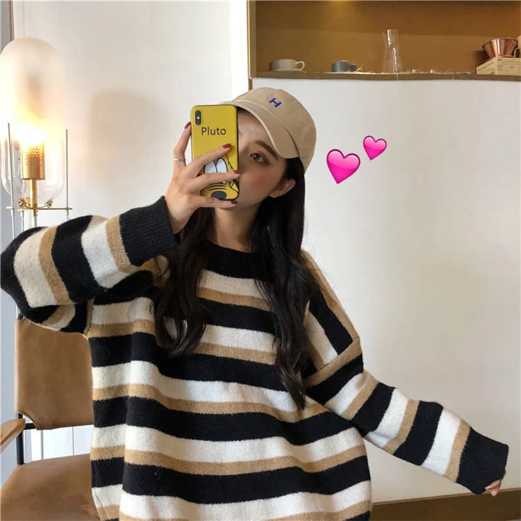 

Women's Sweater Korean Stripe Casual Top Harajuku Vintage Dropshipping Clothing Knitted Long Sleeve Female Kawaii Clothes