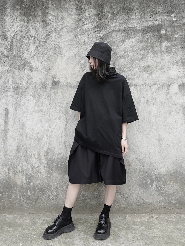 

SuperAen 2021 New Style Japanese Women High-neck Irregular Summer White Black Streetwear Short-sleeved Oversized T Shirt