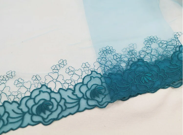Кружевная отделка с цветочной вышивкой 1 метр сине зеленая ручная работа тюль