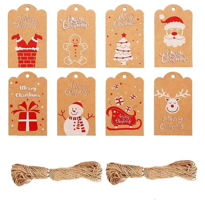 

Kraft paper Merry Christmas Gift Tags Santa Claus Snowman Elk DIY Hang Tags with Rope New Year Party Gift Wrapping Labels 100Pcs