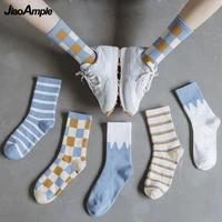 5 pairs middle tube socks women japan style ins stripe plaid cotton sock spring summer fashion joker breathable stocking female