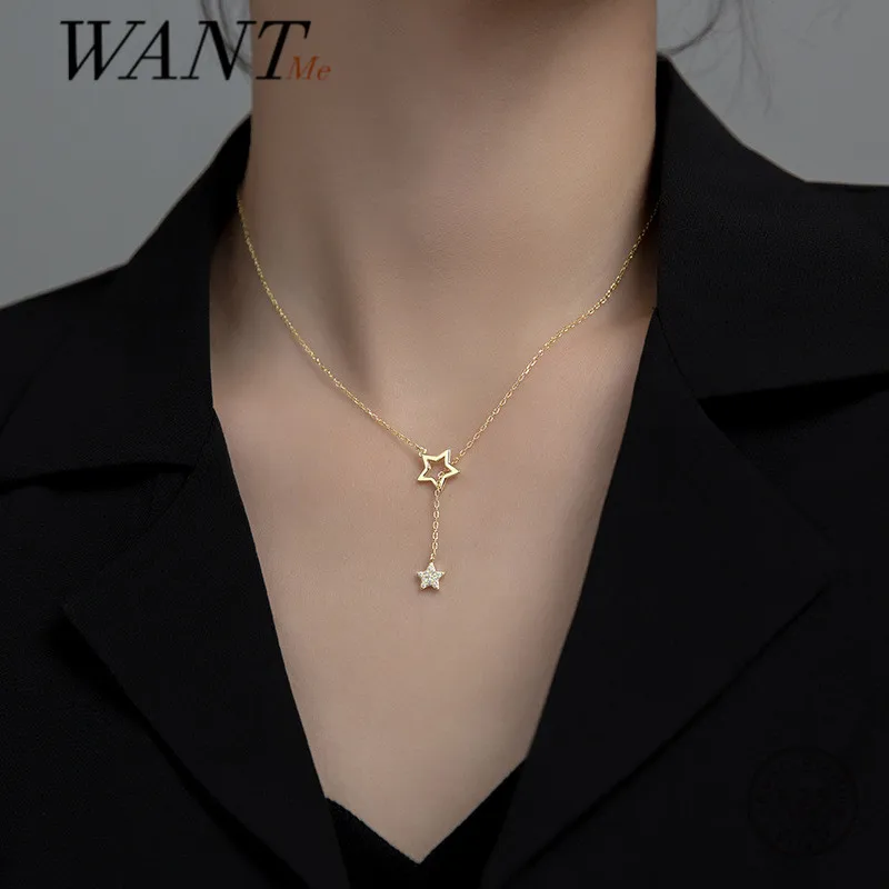 

WANTME Real 925 Sterling Silver Fashion Korean Romantic Hollow Star Link Chain Clavicle Necklace for Women Wedding Jewelry Gift