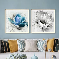 ink painting on canvas golden blue abstract peony flower poster nordic modern decorative pictures for home interior room