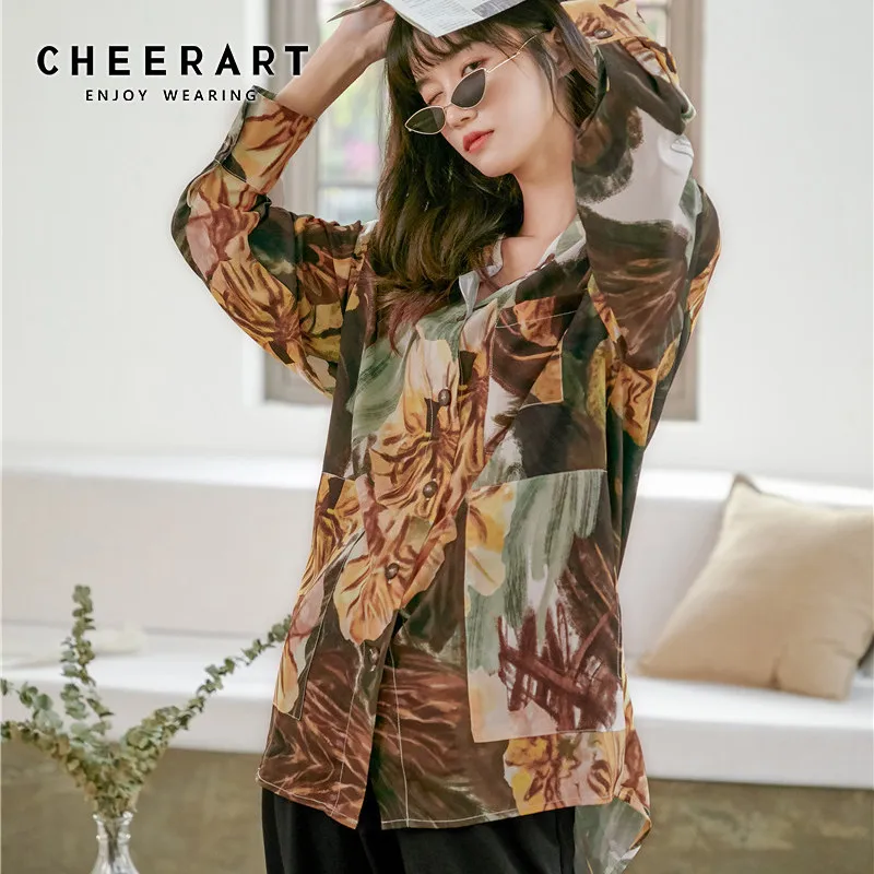 Женская блузка с длинным рукавом CHEERART свободная цветочным принтом Повседневная