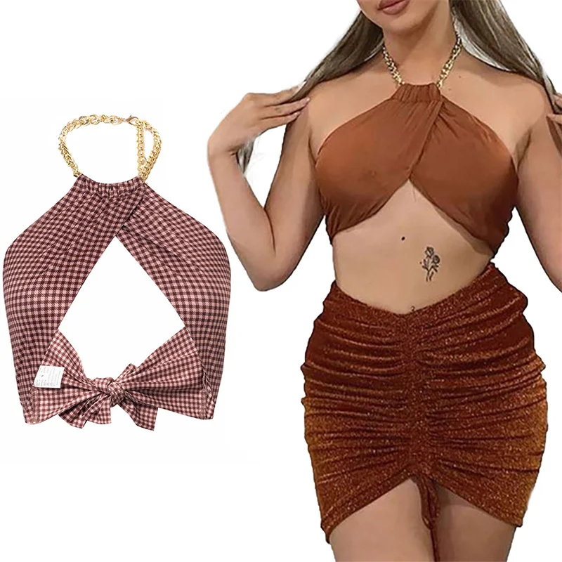 

Women Summer Sexy Halter Crop Tops Sleeveless Self Tie Backless Solid Color/Plaid Print Wrap Camisole Ladies Slim Fit Clothing