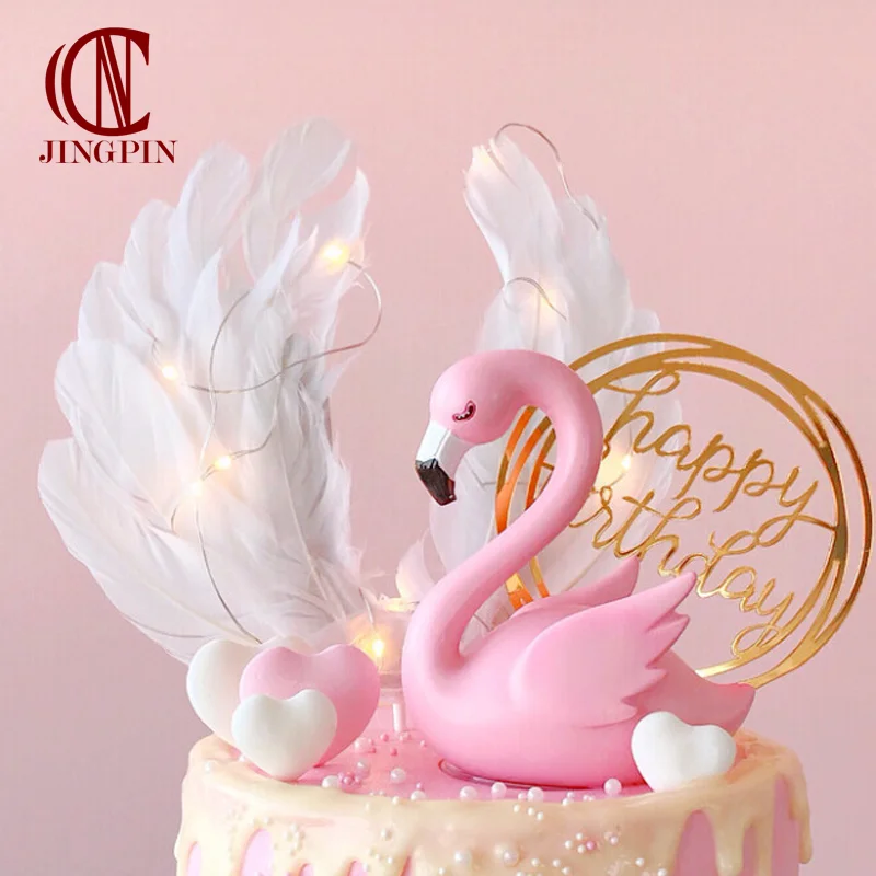 Picks Birthday Cake Decoration Gateau Flamingo Anniversary Party Swan Wing Flamingo Decoratie Cake Topper Wedding Couple Cartoon
