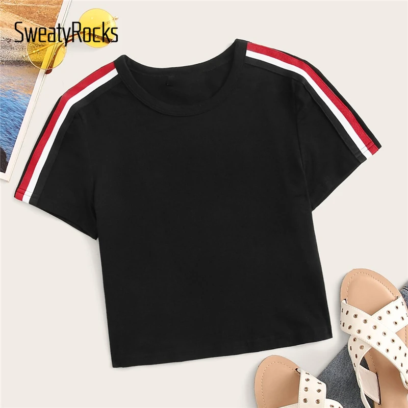 SweatyRocks топ в контрастную полоску, уличная одежда с коротким рукавом, женские футболки с боковой полосой, летние повседневные женские короткие футболки