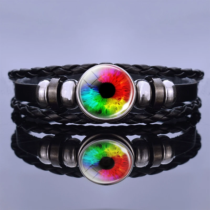 Браслет с радужными глазами ручной работы черные и коричневые кожаные плетеные