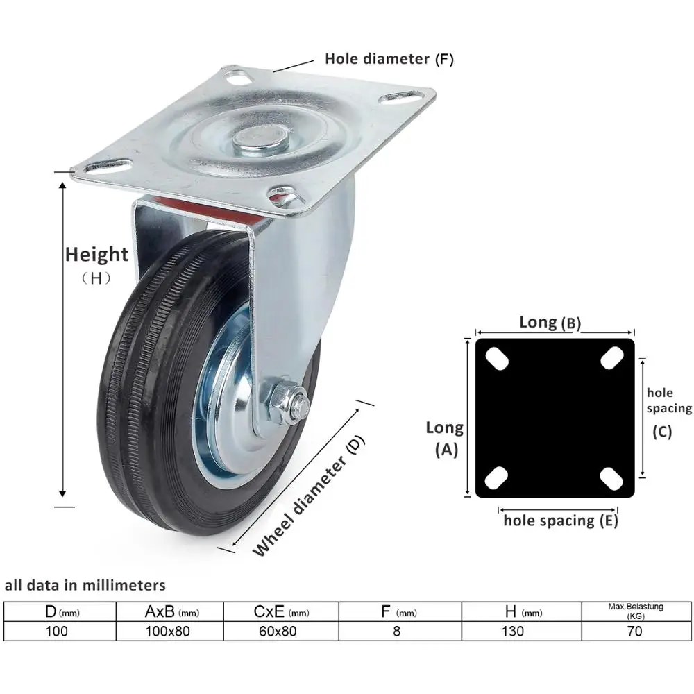 100 мм сверхмощные поворотные ролики 200 кг колеса с 2 тормозами Полиуретановая