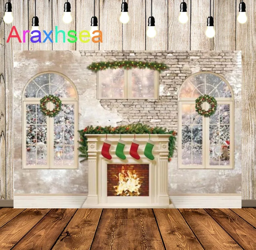 

Merry Christmas Backdrop New Year Winter Fireplace Socks Wreath Windows Snowy Trees Brick Wall Background Photo Props