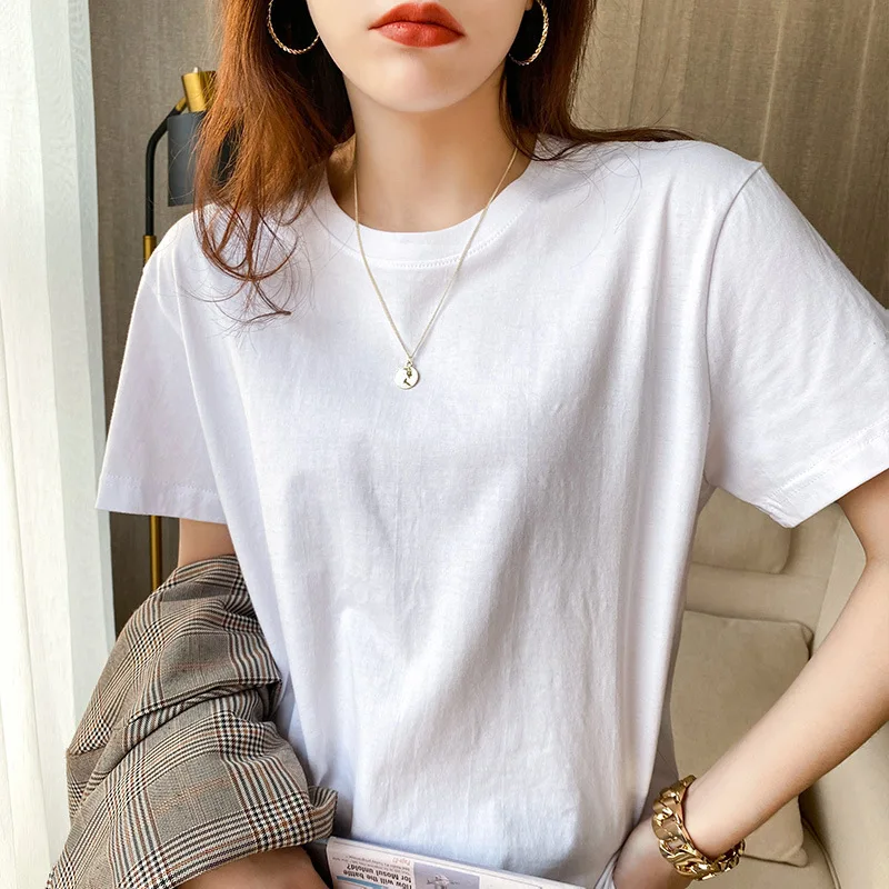 

New summer 2021 combed cotton solid color short-sleeved women's T-shirt with matching round neck bottom shirt loose slim T-shirt
