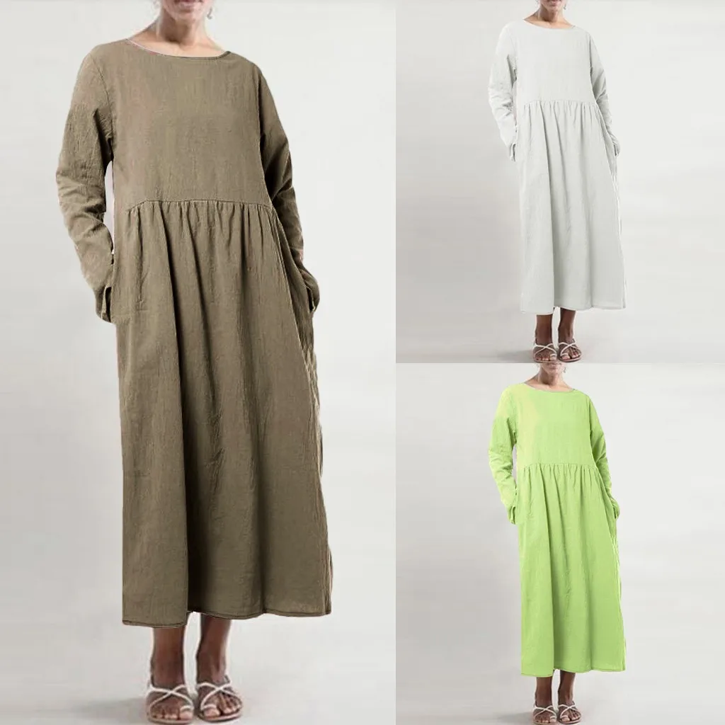 

Vogue Women's Round Neck long-sleeved Solid Color Pleated Dress Casual Loose Temperament Girls Dress Autumn And Winter