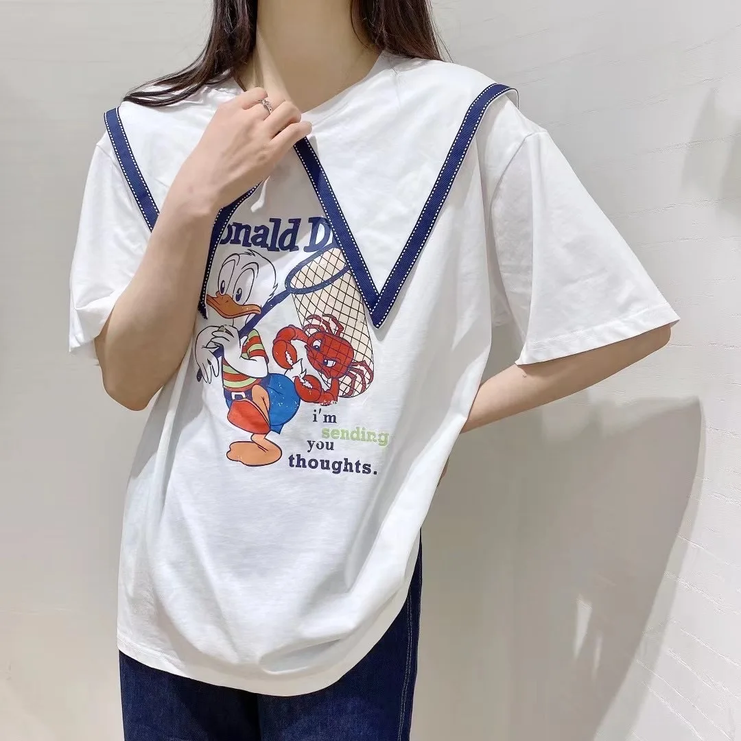

Navy shawl collar short-sleeved T-shirt female cartoon print all-match blouse sweet and age-reducing students summer t-shirt y2k
