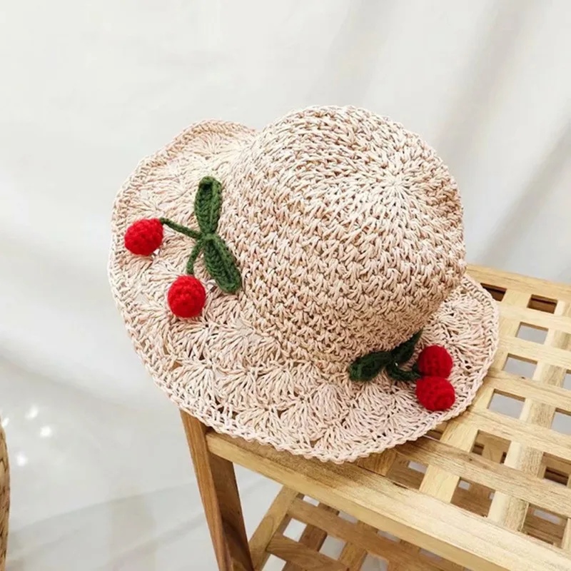 

Children's Dustproof Protective Hat Girls' Korean Summer Handmade Cherry Decoration Straw Hats