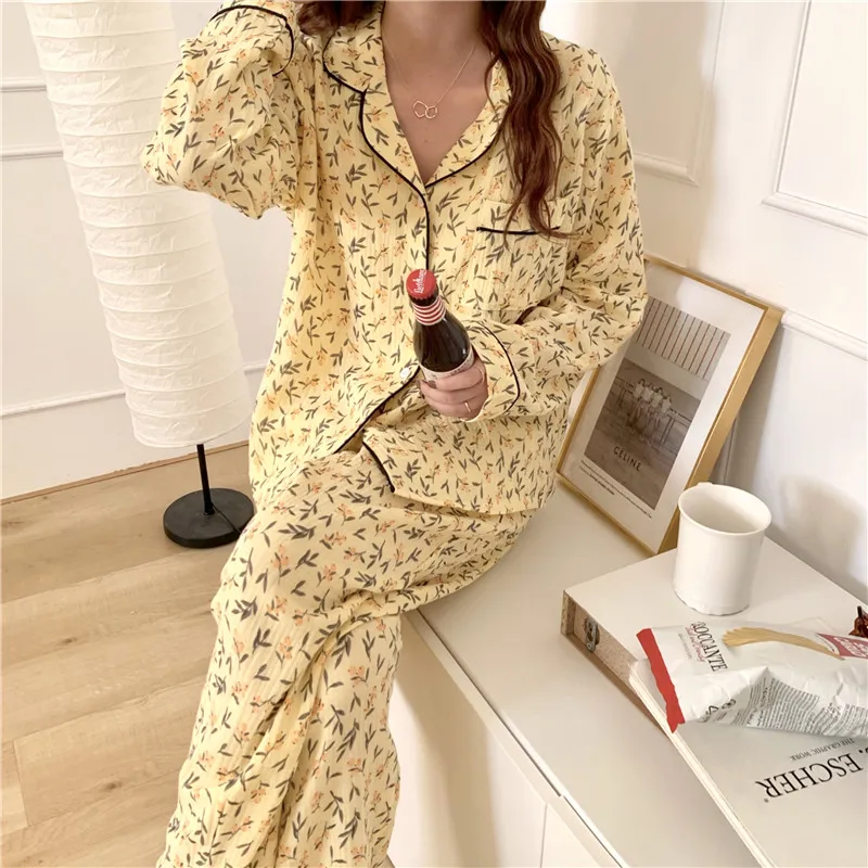 

leaves print spring autumn women pajamas set long sleeve lapel collar shirts sleepwear cute home set cotton homewear pants