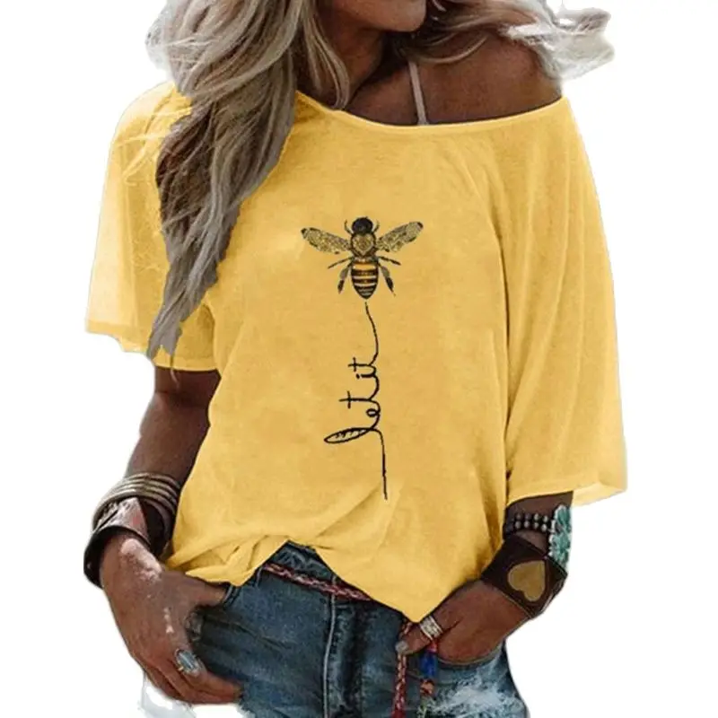 

2021 Summer Woman Tshirts Casual Loose Honeybee Printing Polyester Shirts for Women Sexy Slash Neck Half Batwing Sleeve Tops
