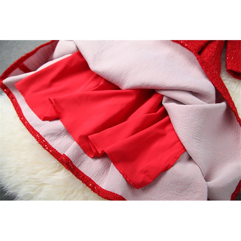 

High Quality Runway Dress Autumn Winter Woman Clothes 2019 New Elegant Stand Neck Sequined Tweed Woolen Dress Red Party Vestidos