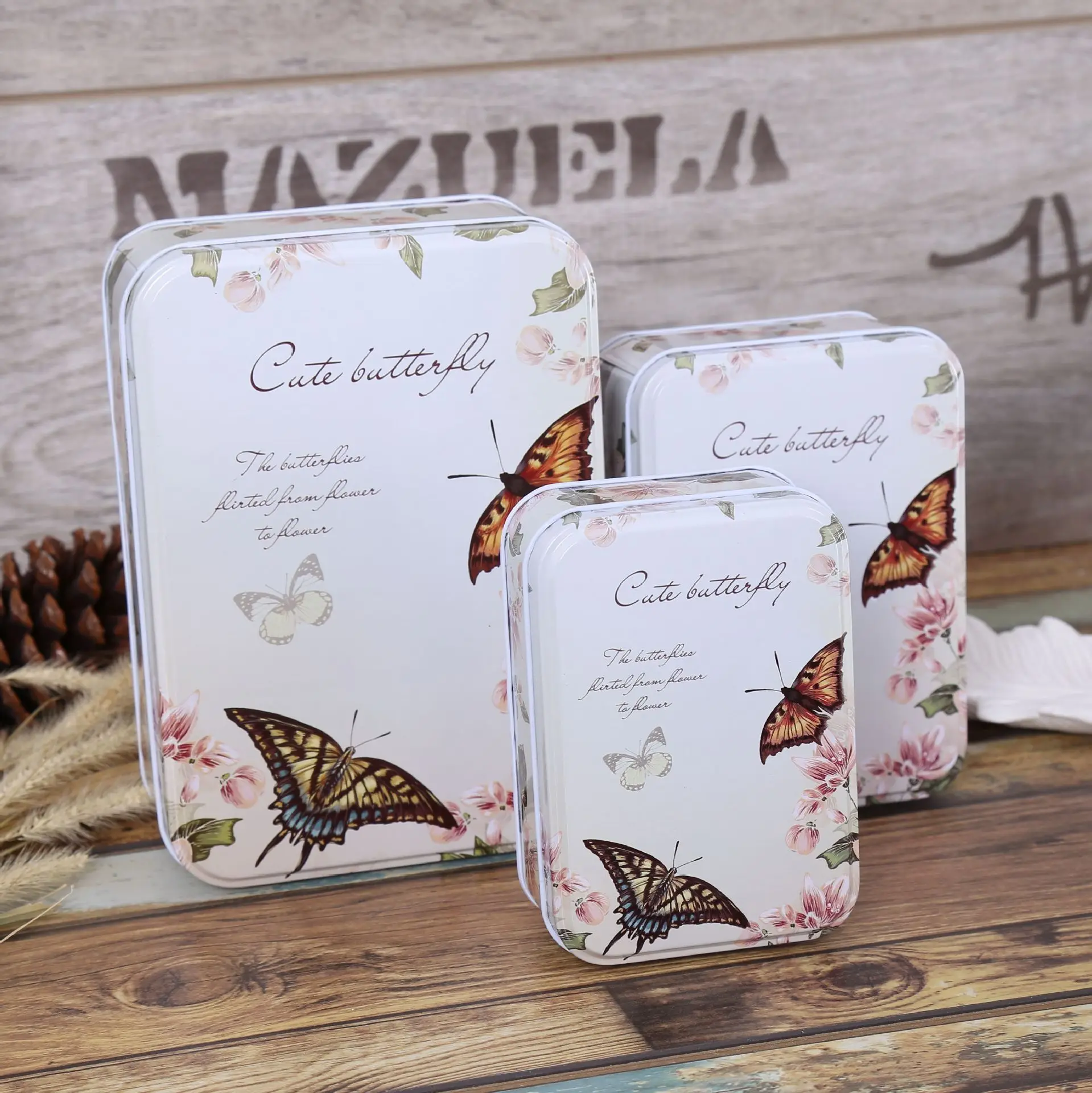

3pcs/lot Cute Butterfly Printing Gift Box Tin Chocolate Storage Case Multi-use Storage Box Creative Biscuit Box Iron container