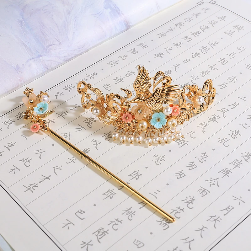 Китайский Винтажный Золотой Феникс ручной работы заколки для волос Корона