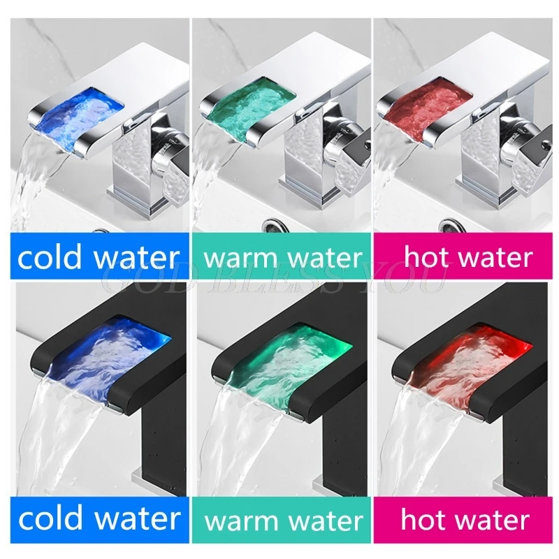 Смеситель для раковины ванной со стеклянным светодиодным водопадом латунный